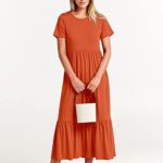 ANRABESS Women’s Summer Casual Short Sleeve Crewneck Swing Dress Casual Flowy Tiered Maxi Beach Dress with Pockets 727juse-M Orange