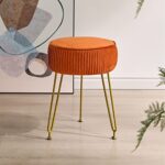 IBUYKE Velvet Round Footrest Stool Ottoman, Makeup Vanity Stool Side Table, Velvet Dressing Table Seat, Pouf Couch Stool, Golden Steel Legs, Orange LG-30J