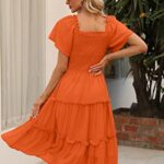 LILLUSORY Orange Women’s 2023 Summer Casual Trendy Flowy Dresses Short Sleeve Square Neck Smocked Tiered Midi Dress