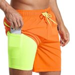 SILKWORLD Swimming Shorts for Men 7 Inch Swim Trunks with Compression Liner Bathing Suit 2023 Updated Style,Orange,X-Large