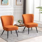 Alunaune Orange Accent Chair Set of 2 Upholstered Living Room Chairs Modern Bedroom Furniture Sets Armless Slipper Club Chair Guest Reception Couch Comfy Wingback Single Sofa