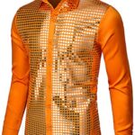 JOGAL Mens 70s Disco Party Costume Gold Silver Sequins Long Sleeve Button Down Shirts Small Orange