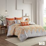 Madison Park Nisha Sateen Cotton Comforter Set, Breathable, Soft Cover, Trendy, All Season Down Alternative Cozy Bedding with Matching Shams, Full/Queen, Orange 7 Piece