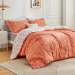 Bedsure Queen Comforter Set – Coral Orange Comforter, Cute Floral Bedding Comforter Sets, 3 Pieces, 1 Soft Reversible Botanical Flowers Comforter and 2 Pillow Shams