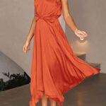 PRETTYGARDEN Women’s Summer Long Satin Dress One Shoulder Sleeveless Ruched Twist Flowy Maxi Dresses (Orange,Small)