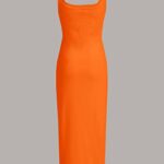 Verdusa Women’s Casual Sleeveless Square Neck High Waist Rib Knit Tank Bodycon Long Dress Orange M