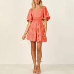 Shy Velvet Women’s Summer Dress Square Neck Short Sleeves Crossover Waist Casual Party Mini Dress Orange