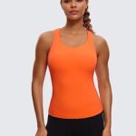 CRZ YOGA Butterluxe Workout Tank Tops for Women Built in Shelf Bras Padded – Racerback Athletic Spandex Yoga Camisole Neon Orange Small