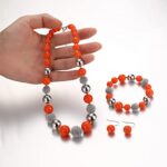 PEARL&CLUB Beaded Chunky Statement Necklace Earring and Bracelet Set Silver Metal Bead Fashion Jewelry Set Mothers’ Day Gifts for Women (Orange)