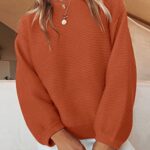 ZESICA Women’s 2023 Crew Neck Long Lantern Sleeve Casual Loose Ribbed Knit Solid Soft Pullover Sweater Tops,Orange,Large