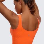 CRZ YOGA Womens Butterluxe High Neck Longline Sports Bra – U Back Padded Crop Workout Tank Top with Built in Bra Neon Orange Small
