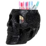 Skull Makeup Brush and Pen Holder Extra Large, Strong Resin Extra Large Halloween By The Wine Savant (Black)
