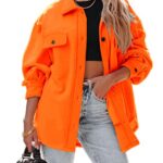 Panadila Women’s Fleece Button Down Shacket Oversized Long Sleeve Jacket Warm Sherpa Coat with Pockets(Orange,L)
