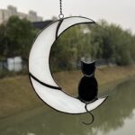 Black Cat Decor On White Moon Stained Glass Window Hanging Suncatcher for Windows Panels Sun Catcher Halloween Ornament Decoration Memorial Gift Cat for Lover Cat Loss