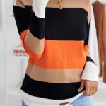 Dokotoo Womens Sweaters Round Neck Striped Cute Winter Pullover Sweaters for Women Trendy 2023 Drawstring Orange Medium
