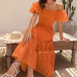 PRETTYGARDEN Women’s Casual Summer Midi Dress Puffy Short Sleeve Square Neck Smocked Tiered Ruffle Dresses (Plaid Orange,Medium)