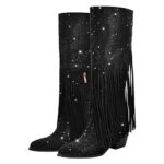 Richealnana Calf High Knee High Boots for Women Sparkle Rhinestones Clear Gems Shining Comfortable Tabs Pull-On Boots Tassel Black Size9