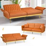 ACMEASE 2 Pieces Velvet Sofa Set with Adjustable Armrest and Backrest, 70” Convertible Futon Sofa Bed & Mordern Accent Chair with Ottoman for Living Room, Bedroom, Orange