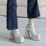 Uacllcau White Platform Boots for Women Ankle Booties Square Toe Chunky High Heel Boots Side Zipper Mid Calf Boots