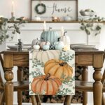 Artoid Mode Orange Pumpkins Eucalyptus Leaves Fall Table Runner, Autumn Thanksgiving Kitchen Dining Table Decoration for Home Party Decor 13×48 Inch