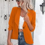 Beyove Women’s Blazers 3/4 Stretchy Ruched Sleeve Open Front Lightweight Work Office Blazer Jacket, Orange S