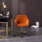 DBXII Modern 360°Swivel Velvet Office Chair Mid-Back Desk Chairs with Wheels Adjustable with Side Arms Gold Metal Base Cute Desk Chair for Bedroom, Home Office, Vanity Room (Orange + Velvet)