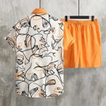 Verdusa Men’s 2 Piece Outfit Colorblock Button Up Shirt and Drawstring Waist Shorts Sets Orange and White M