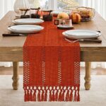 ZeeMart Macrame Style Boho Table Runner, Burnt Ochre Fall Table Runners 72 Inches Long, Farmhouse Woven Home Decor, 12×72 Inch, Dark Orange