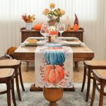 Wracra Fall Blue Orange Pumpkins Table Runner, Autumn Thanksgiving Table Runners 72 Inches Long for Kitchen Dining Table Decoration, Fall Decor, Dresser Decor and Holiday Party
