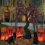 YEAHOME Halloween Decorations Outdoor, 2 Pack Skeleton Black Cat Garden Stakes for Halloween Decor, Scary Metal Cat Silhouette Yard Signs for Outside Garden Lawn Patio Party Decorations