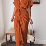 Ceuplon Women’s Ruched Front Shirt Dress Short Sleeve Button Down Maxi Dresses with Belt Orange Large