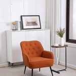 Goujxcy Modern Mid Century Living Room Chair Barrel Chair Linen Button-Tufted Upholstered Accent Armchair with Black Metal Legs for Living Room Bedroom Home Office, Tufted Back Club Chair (Orange)