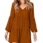 Amoretu Women Long Sleeve Tunic Dress V Neck Swing Shift Dresses(Brown,X-Large)