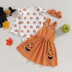 Faithtur Baby Girl Halloween Outfit Cute Graphic Long Sleeve Romper Bodysuit and Corduroy Suspender Skirt Suit for 3 6 9 12 18 Months (ZB Halloween Orange, 12-18 Months)