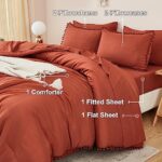 Litanika Queen Comforter Set Terracotta, Bed in a Bag Burnt Orange 7 Pieces Comforter, Aesthetic Boho Pom Bedding Set with Comforter, Sheet, Pillowcases & Shams