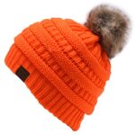 C.C Trendy Warm Soft Stretch Cable Knit Ribbed Faux Fur Pom Pom Fuzzy Sherpa Fleece Lined Skull Cap Cuff Beanie Hat (Neon Orange)