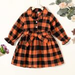Happy Town Toddler Baby Girl Plaid Dress Fall Long Sleeve Belted Button Down Shirts Baby Girl’s Clothing (Black&Orange, 3-4 T)