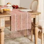 ZeeMart Farmhouse Table Runner, Rustic Fall Table Runners 90 Inches Long, Linen Boho Table Runner, Braided Striped Burnt Orange Table Runner for Dining Party Holiday, 15×90 Inches, Braided Orange
