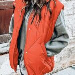 MEROKEETY Women’s 2023 Stand Up Collar Quilted Bubble Vest Plain Outerwear Padded Gilet with Zipper, Orange, L