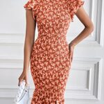 MASCOMODA Women 2023 Summer Short Sleeve Floral Smocked Bodycon Dresses Crewneck Ruffle Trim Fitted Mermaid Midi Dress(Orange,Medium)