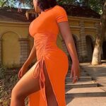 GOKATOSAU Women’s Sexy Bodycon Short Sleeve Slit Ruched Summer Club Party Midi Dress Orange