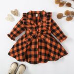 Noubeau Christmas Toddler Girl Retro Plaid Dress Long Sleeve Belted Tunic Dress Button Down Shirts Dress Xmas Outfit (Orange, 4-5T)