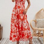 kinstell Women’s Summer Boho Spaghetti Strap Square Neck Ruffle Casual Flowy Long Dress Beach Swing Party Maxi Dress Orange Floral