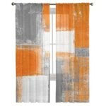 Scominoc Burnt Orange Grey Sheer Curtains Living Room, Oil Painting Geometric Volie Sheer Curtain with Rod Pocket, Modern Abstarct Art Window Treatment Drapes for Kitchen/Bedroom, 52” x 63” x 2