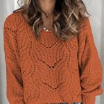 Dokotoo Womens Sweaters Ladies Cute Autumn Winter Fall Soft Warm Crewneck Solid Hollow Out Chunky Cozy Long Sleeve Cable Knit Pullovers Sweaters for Women Orange Medium
