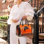 Shiny Patent Leather Vegan Handbags Women Barrel Purses Top Handle Bags Satchel Shoulder Bag for Woman (Orange)