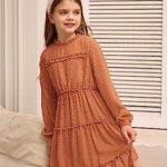 GRACE KARIN Girls Tiered Dress Long Sleeve Swing Swiss Shift Flowy Ruffle Dress Orange Brown 10Y