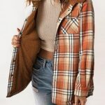 Dokotoo Casual Sherpa Jacket Women Thick Fleece Lined Fuzzy Open Front Hooded Plaid Shacket Jackets Button Down Long Sleeve Cozy Teddy Bear Loose Coat Fall Flannel Shirts Winter Outwear with Pockets Small Orange