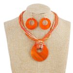 Coiris Multi Strand Statement Colorful Beaded Necklace Earrings Set with Big Circle Shell Pendant for Women (N0055-Orange)