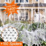 1400 sqft Halloween Spider Webs Decorations with 150 Extra Fake Spiders, Super Stretchy Cobwebs for Halloween Decor Indoor and Outdoor